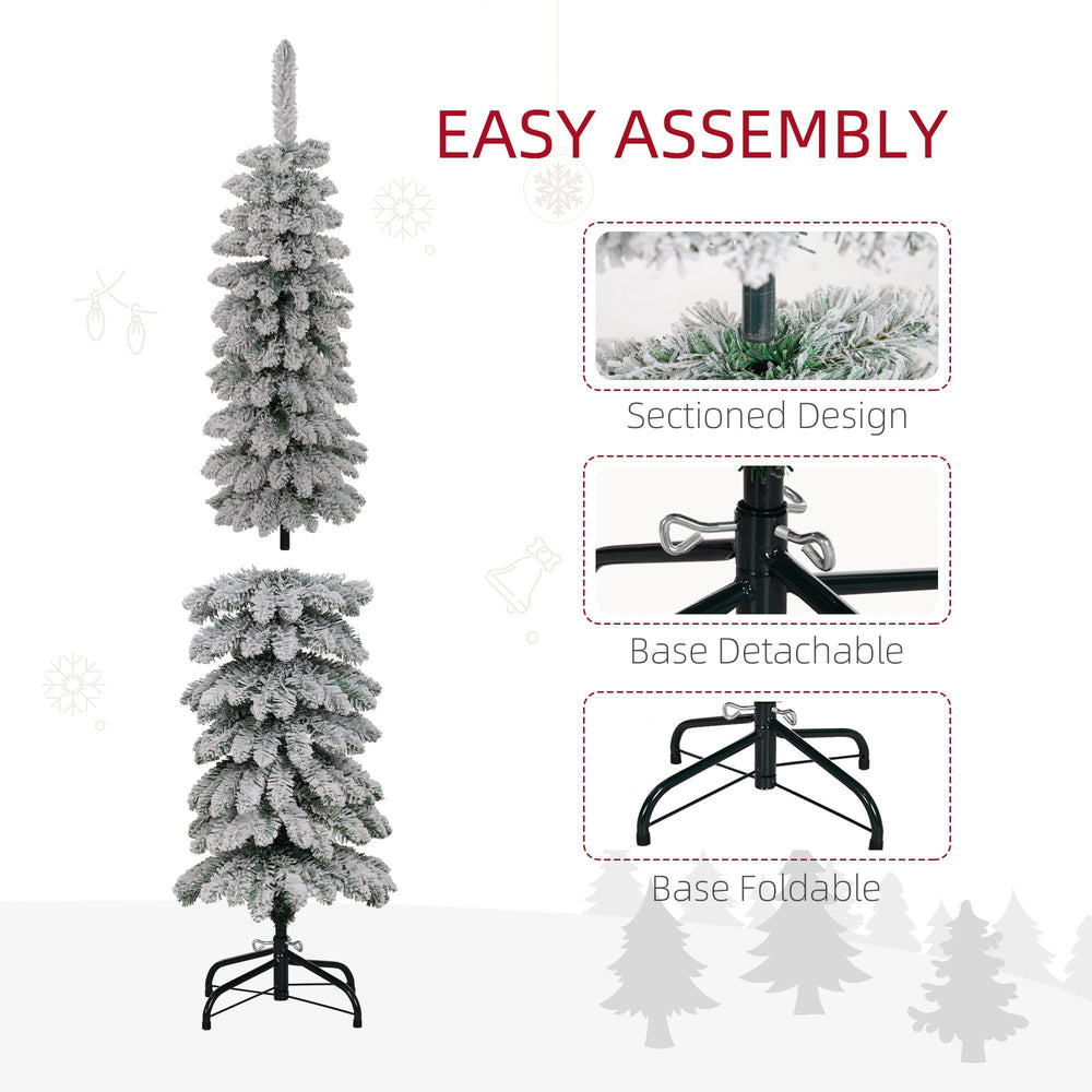 5ft Snow-Flocked Artificial Christmas Tree, Slim Pencil Xmas Tree With 301 Realistic Branches, Metal Base, Green EX-STOCK Canada 
