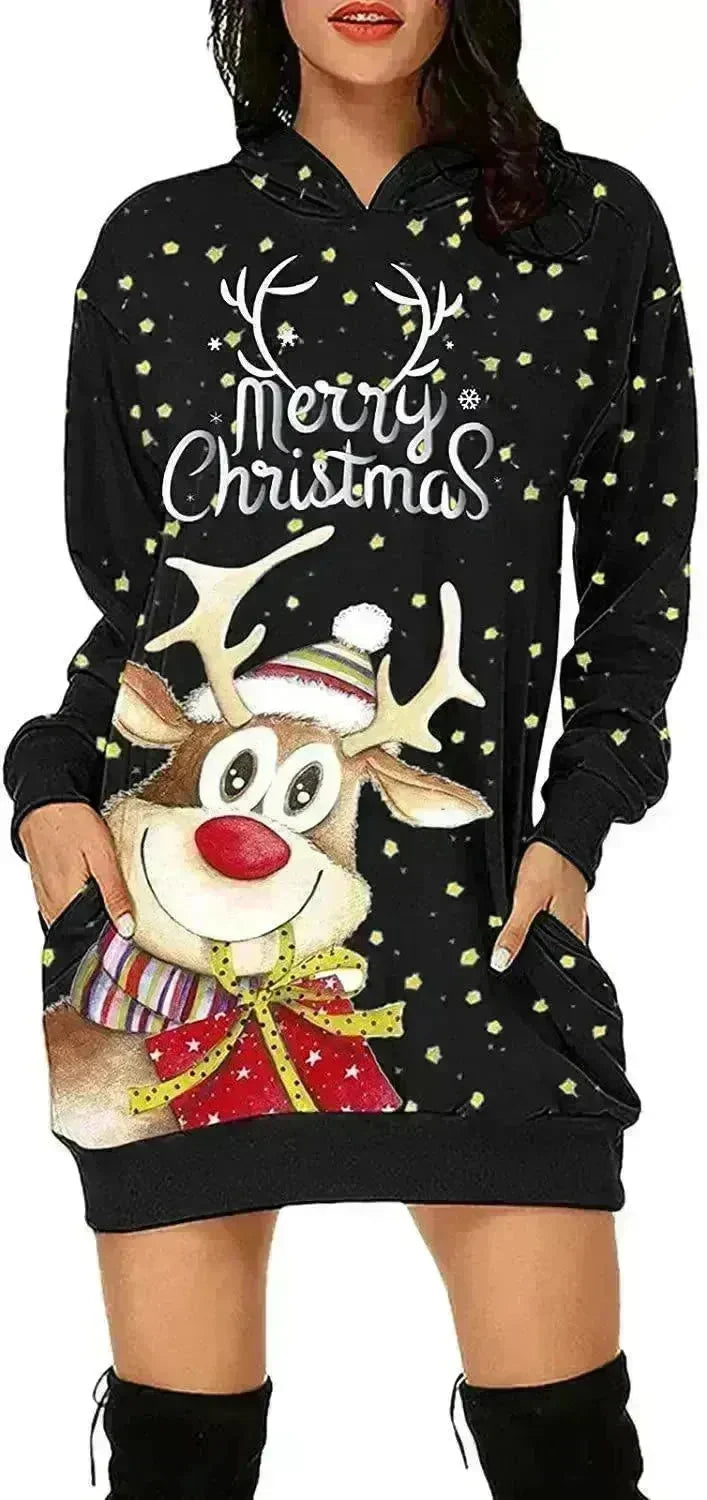 Women's Long-sleeved Christmas Hoodie Sweatshirt Dress Winter - EX-STOCK CANADA