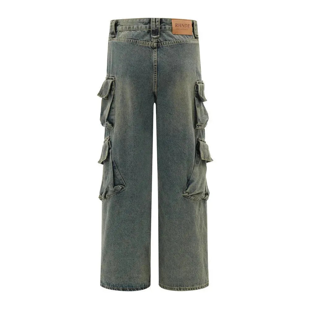 Punk Distressed Washed Denim Jeans Cargo Pant  Men