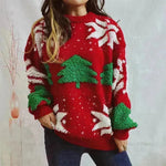Women's Fashion Christmas Tree Jacquard Round Neck Long Sleeve Pullover Sweater top