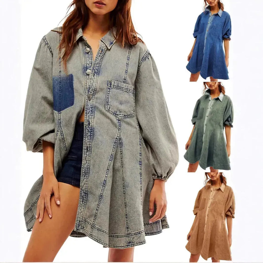 Women's Long Lantern Sleeve Button Denim Dress - EX-STOCK CANADA