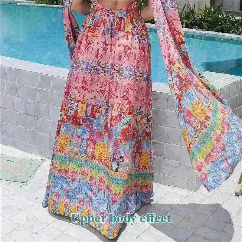 Casual Women's Floral Style Large Hem Cross Open Back Dress - EX-STOCK CANADA