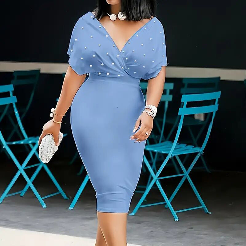 Women's Back Zipper dress Elegant Deep V Neck Wrap Bodycon Dress Pencil Midi Dress EX-STOCK