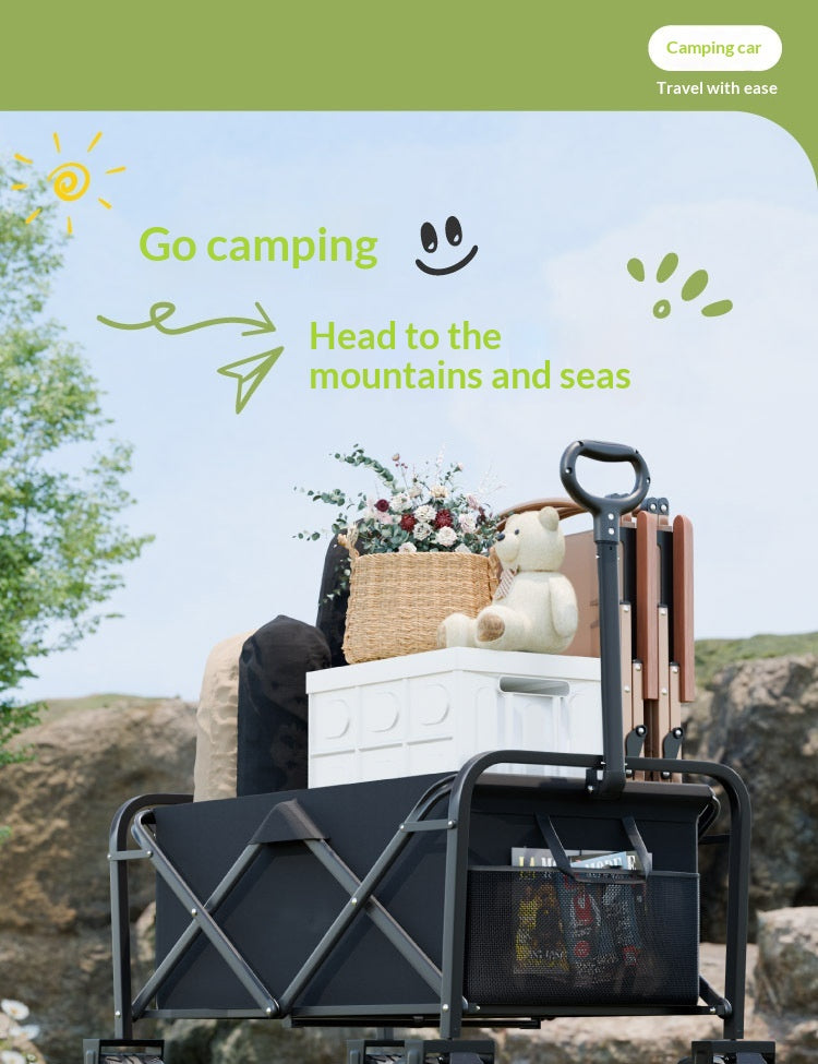 A black folding camping car cart loaded with a cooler, basket of flowers, teddy bear, and folded chairs, set outdoors on a rocky path with promotional text at the top.