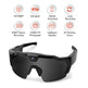 Black sunglasses with digital display and feature icons on a white background