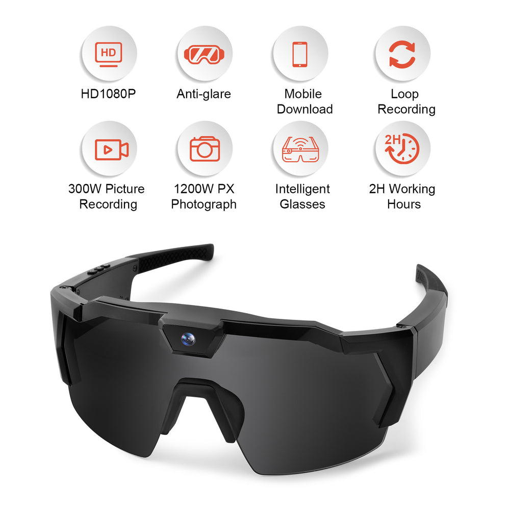 Black sunglasses with digital display and feature icons on a white background