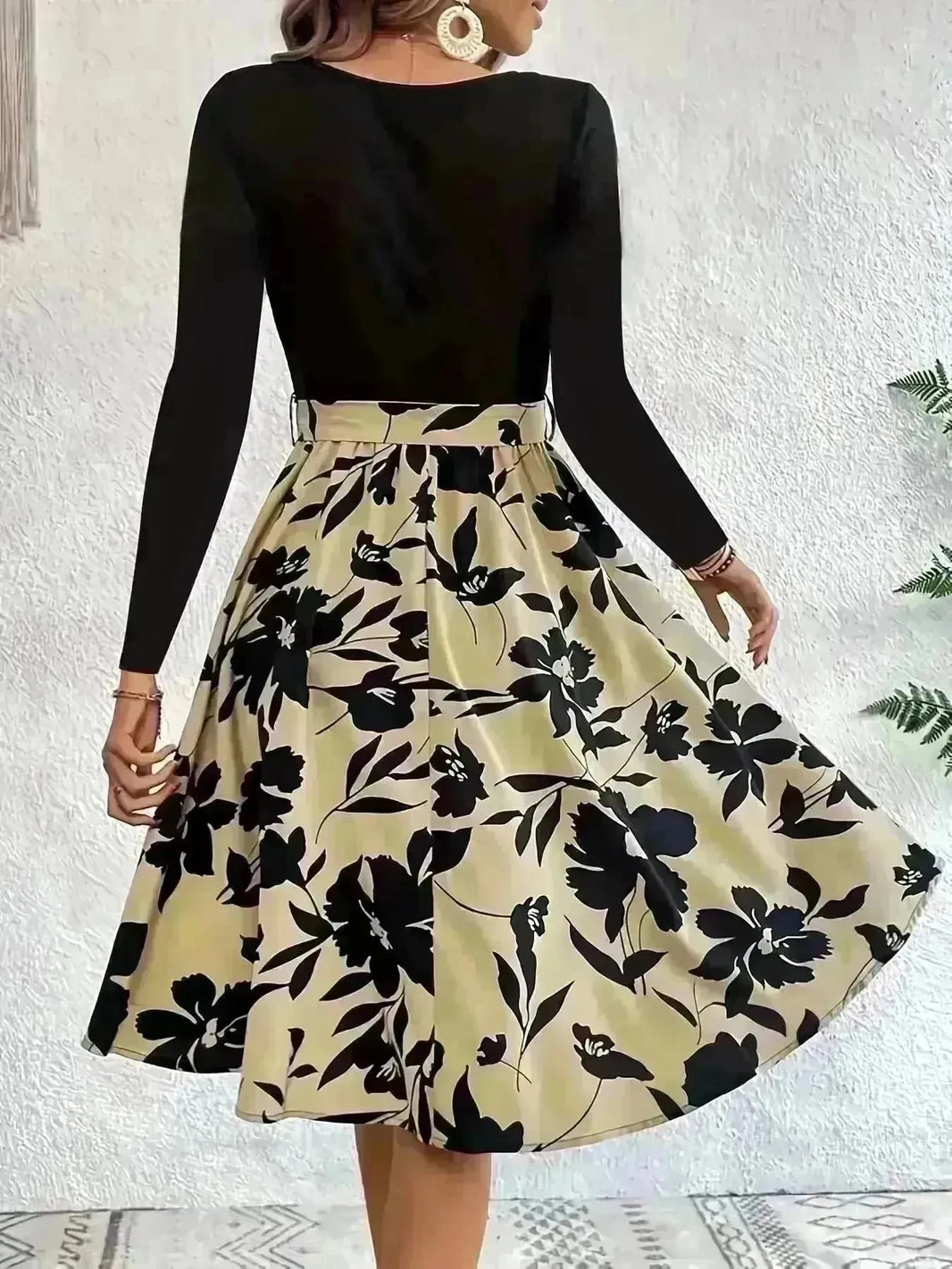 Floral Print Long Sleeve Skirt Dress Fashion Round Neck Flared Dress for Women - EX-STOCK CANADA