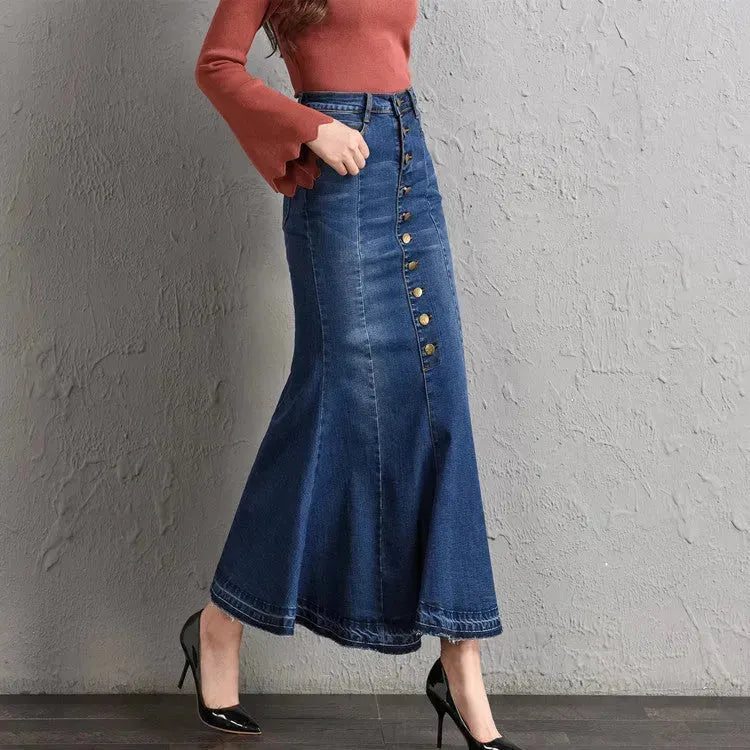 New Fashion Fitted Button up Mermaid Midi Denim Skirt - EX-STOCK CANADA