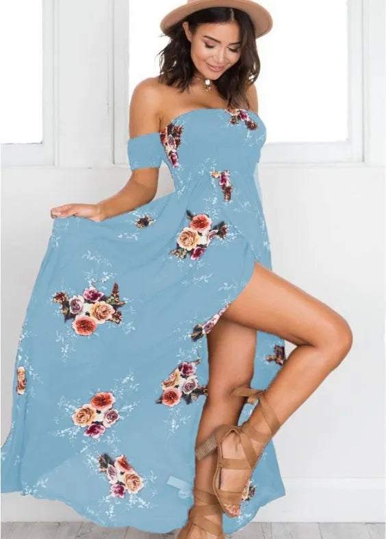 Elegant Ladies Summer Boho Vacation Resort Slit Maxi dress off shoulder Long floral Beach summer slit dress - EX-STOCK CANADA