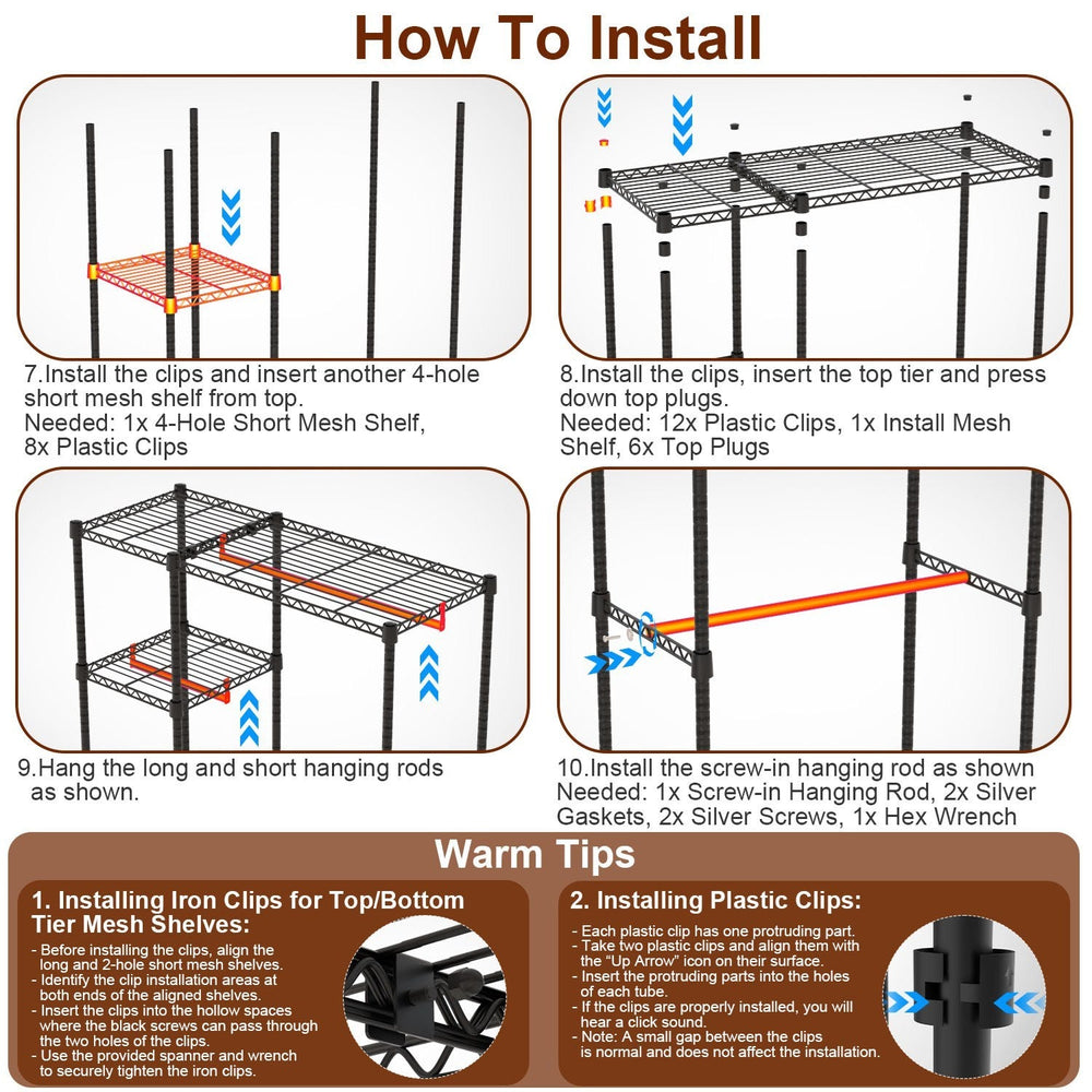 1Pc 4 Tier Heavy Duty Garment Rack With Wheels Carbon Steel Clothing Rack Portable Wardrobe Clothes Rack With 3 Hanging Rods 6 Footrests 44.9x17.13x77.95in EX-STOCK