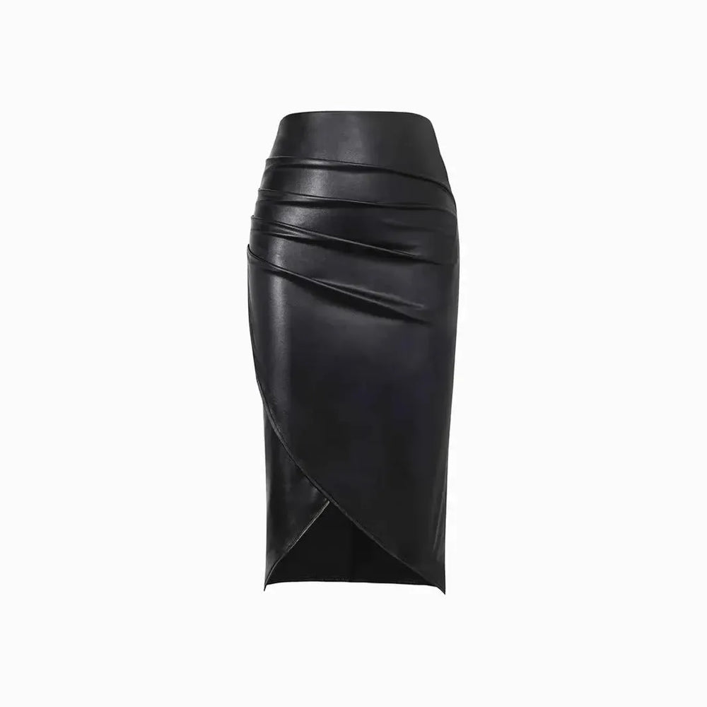 Front Split Leather Skirt Formal Office Work High Waist Sheath midi black Skirt - EX-STOCK CANADA
