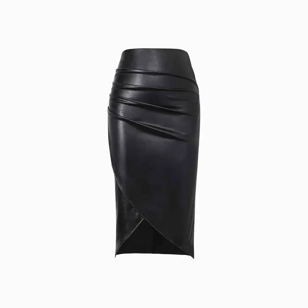 Front Split Leather Skirt Formal Office Work High Waist Sheath midi black Skirt - EX-STOCK CANADA