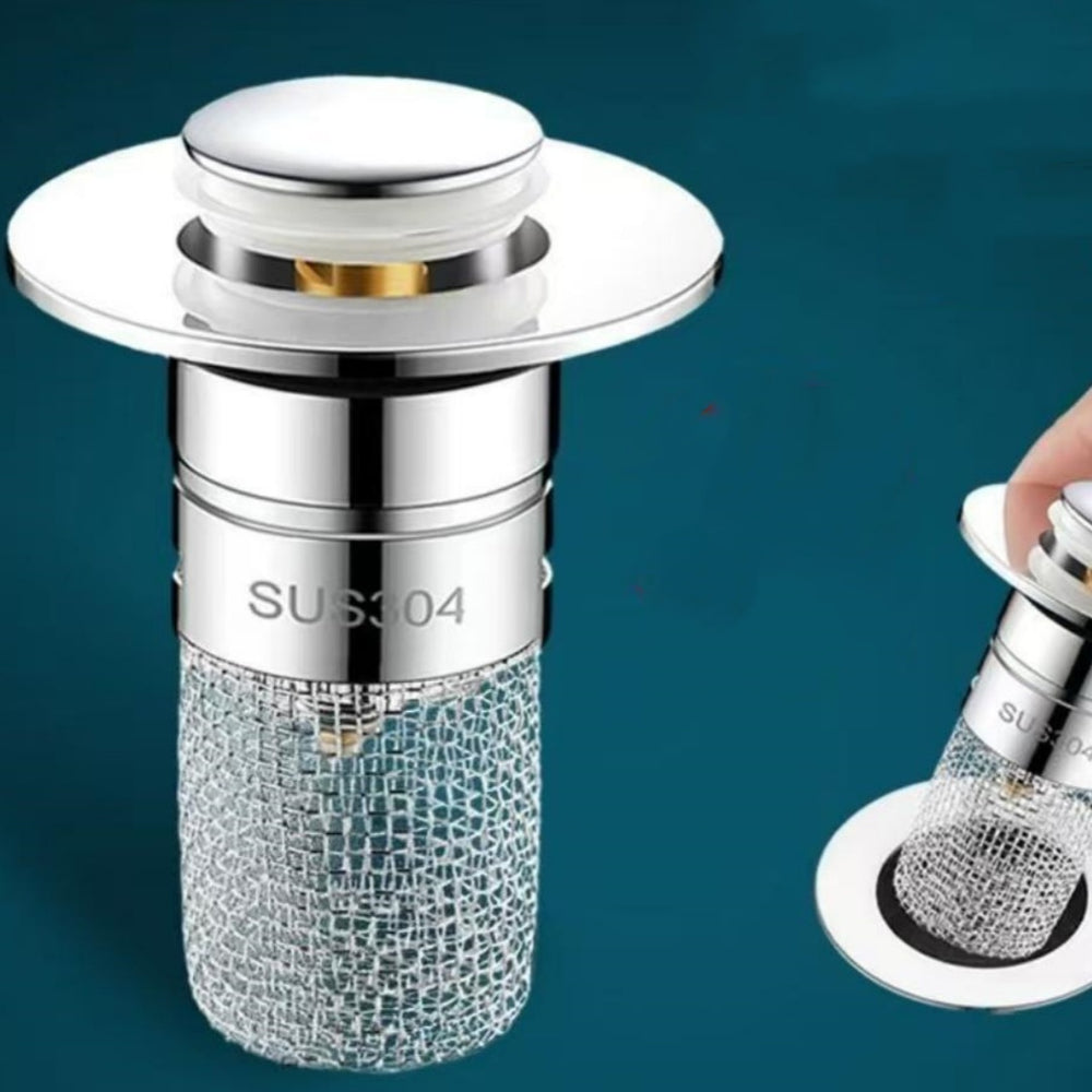 Chrome sink drain with textured base and 'SUS304' marking on a blue background
