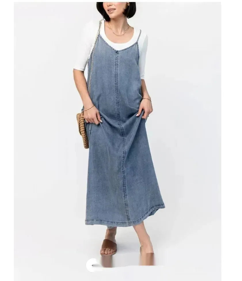 New Suspender Leisure Denim mum loose long Dress - EX-STOCK CANADA