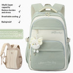 A light sage green and cream backpack shown on a white background with feature callouts on the left, including 'Multi-layer capacity', 'Reduce burden and stress', 'Breathable cooling', and 'Rainproof'. A small inset shows the backpack from the side.
