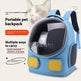 Blue pet backpack with a cat peeking out, featuring text about its features.