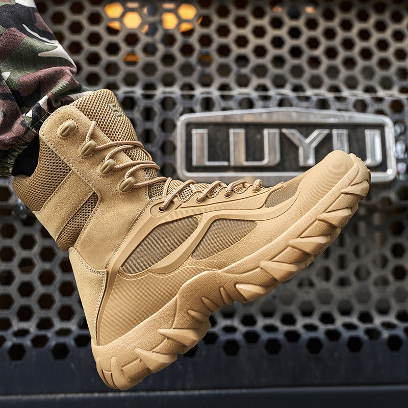 Tan tactical boot being worn with a grid-patterned background featuring the brand 'LUYYU'.