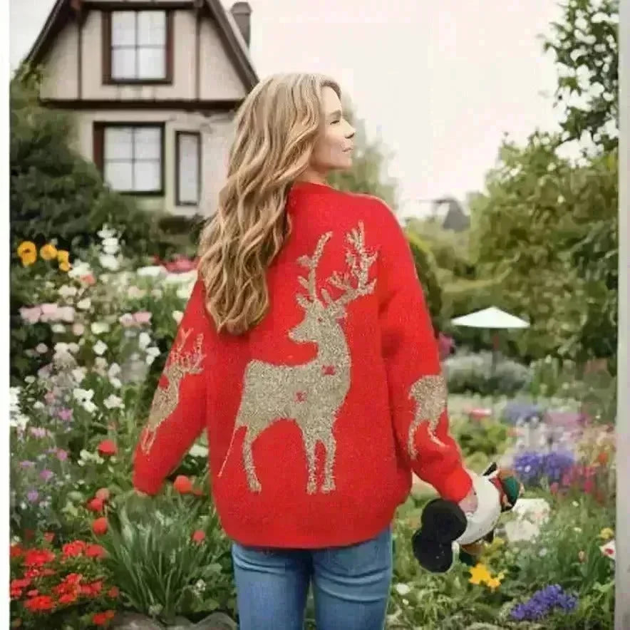 Christmas Deer Snowflakes Knit Sweater Pullover Round Neck Christmas Elk - EX-STOCK CANADA