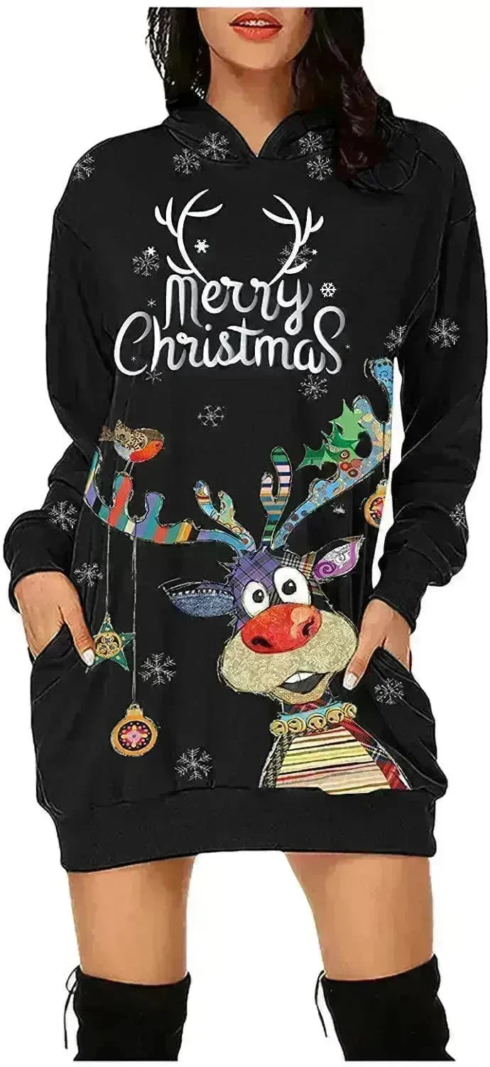 Women's Long-sleeved Christmas Hoodie Sweatshirt Dress Winter - EX-STOCK CANADA