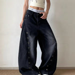 Women's Eyelet Grommet Wide-Leg Jeans – Y2K Balloon Baggy Denim | Black | Sizes S–3XL