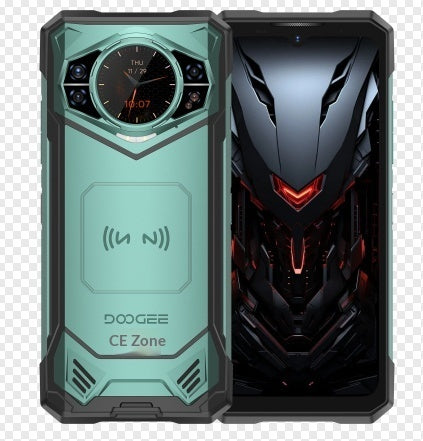 Two phone cases, one green and one black with red accents, on a transparent background.