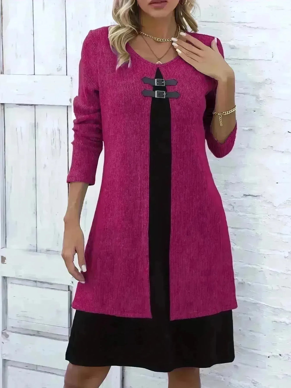 Contrast Color Buckled Round Neck Fashion Winter Sweater Dress - EX-STOCK CANADA