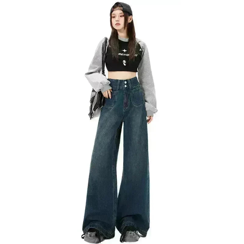 New Simple High Waist Casual Straight-leg Baggy Jeans Pant For Women - EX-STOCK CANADA