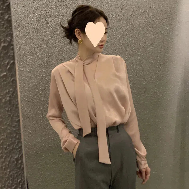 High-end Anti-wrinkle Acetate Satin pleated Blouse Shirt For Women