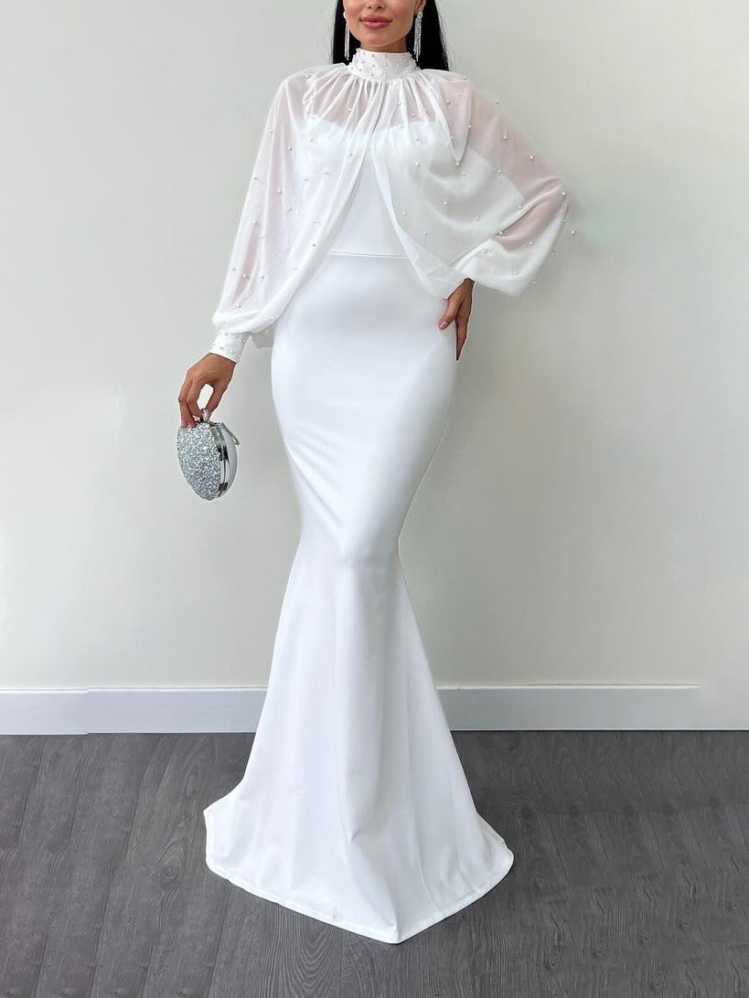 Pearl-Beaded Mesh Top & Mermaid Maxi Dress Two-piece Set – Formal Elegance | Black & White, Sizes XS–XL