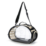Pet carrier with clear front panel on a white background