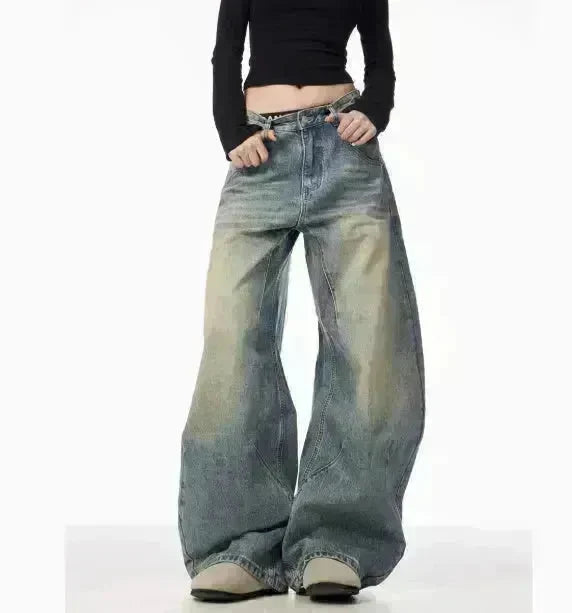 American Retro Washed Distressed Loose Wide-leg Baggy Jeans Pant For Women - EX-STOCK CANADA