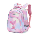 Pink and purple mermaid-themed backpack on a white background