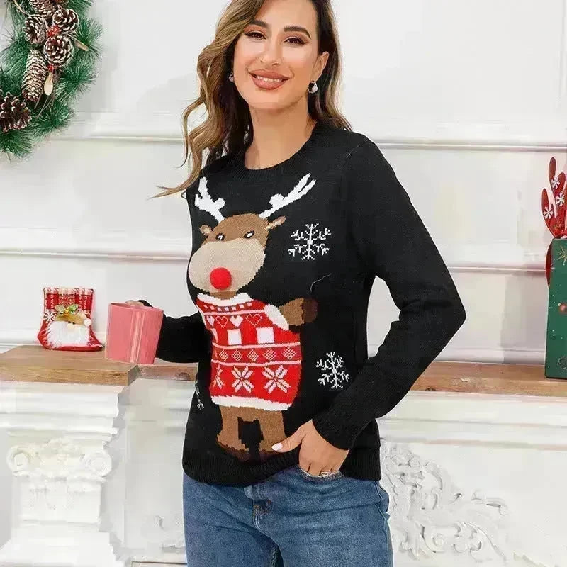 Funny Deer Christmas Sweater Round Neck Pullover Women - EX-STOCK CANADA