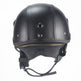Black leather helmet with a zipper on a white background