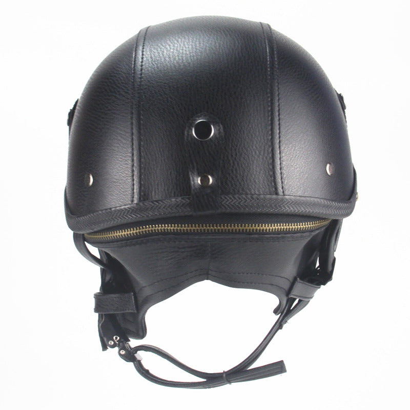 Black leather helmet with a zipper on a white background