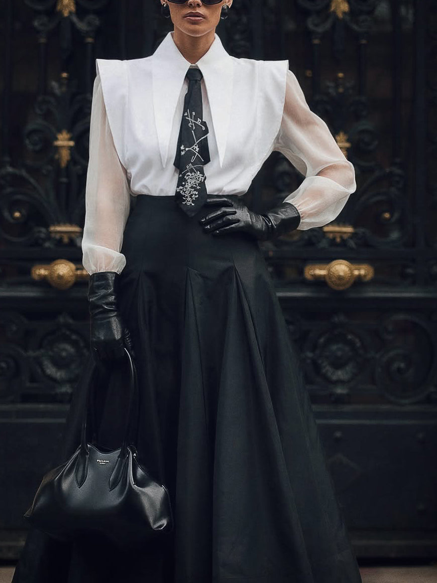 Women's Black & White Oversized Collar Shirt & Pleated Maxi Skirt Set – Sheer Mesh Sleeves | Elegant 2-Piece | Sizes XS–XL