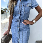 Stretch Mid Length Retro jeans Slim Single-breasted button down short sleeve Denim Dress - EX-STOCK CANADA