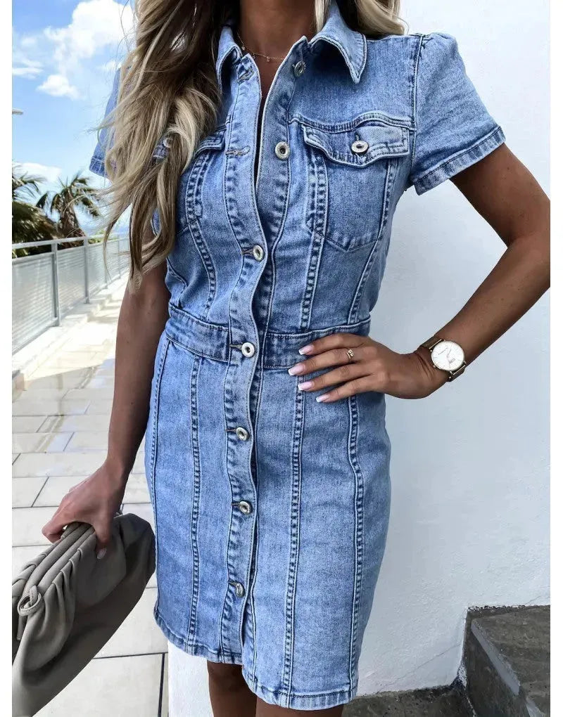 Stretch Mid Length Retro jeans Slim Single-breasted button down short sleeve Denim Dress - EX-STOCK CANADA