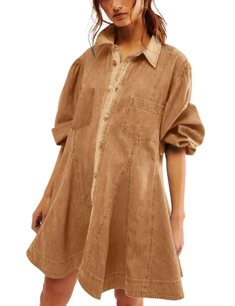 Women's Long Lantern Sleeve Button Denim Dress - EX-STOCK CANADA