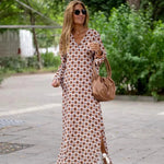 Summer Geometric Printed V-neck Long Dress Fashion Long Sleeve Slit Dresses For Women - EX-STOCK CANADA