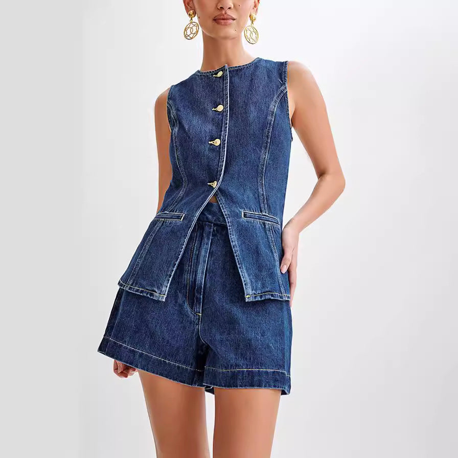 Denim Fashion Casual Sleeveless Women's Suit 