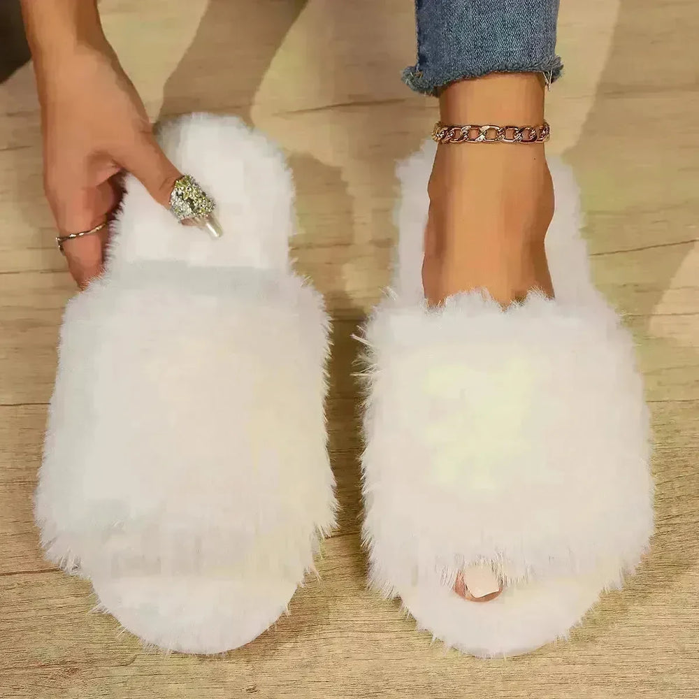 Fashion Open-toed Plush Slippers Winter Warm Indoor Bedroom Floor Soft Fluffy Slipper For Couple Solid Color House Shoes Women - EX-STOCK CANADA
