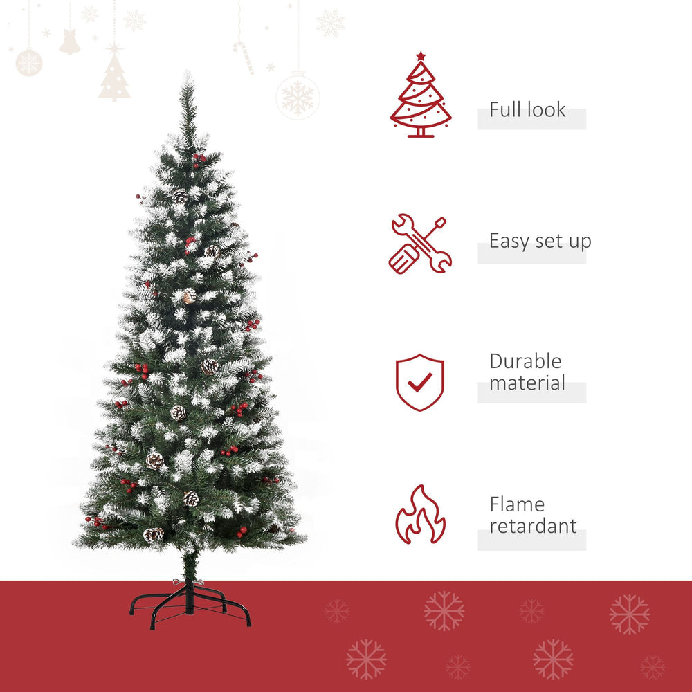5ft Decorated Christmas Tree With Red Berries And Pine Cones, Flocked Christmas Tree With Pencil Shape, Green EX-STOCK Canada 