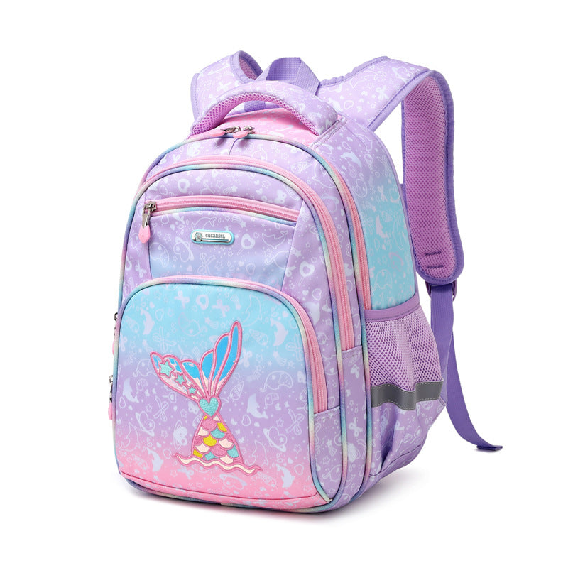 Pink and purple backpack with mermaid design on a white background