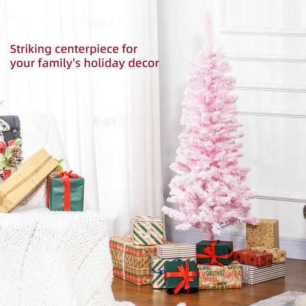 4 Ft Flocked Pencil Christmas Tree, Artificial Christmas Tree With Realistic Branches, Auto Open And Steel Base, Pink EX-STOCK Canada 