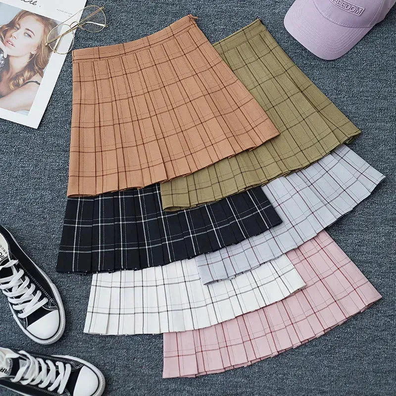 Mini Plaid Pleated High Waist Skirt A- Line Skirt - EX-STOCK CANADA