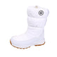 White winter boot with a brand logo on a white background