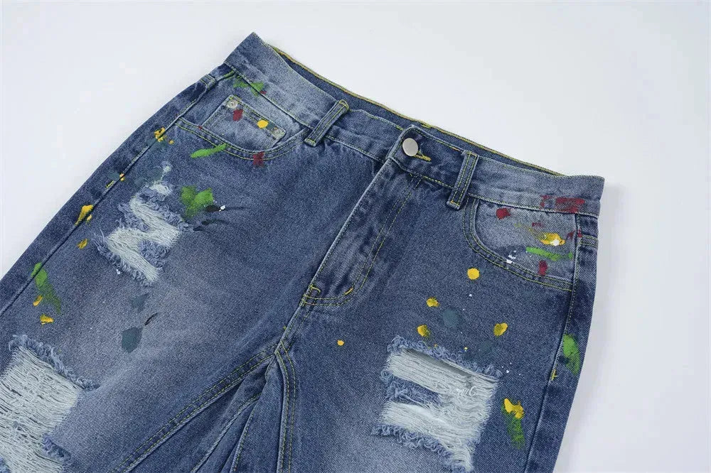 Ripped Paint Wide-leg Denim Trousers For Men Jeans