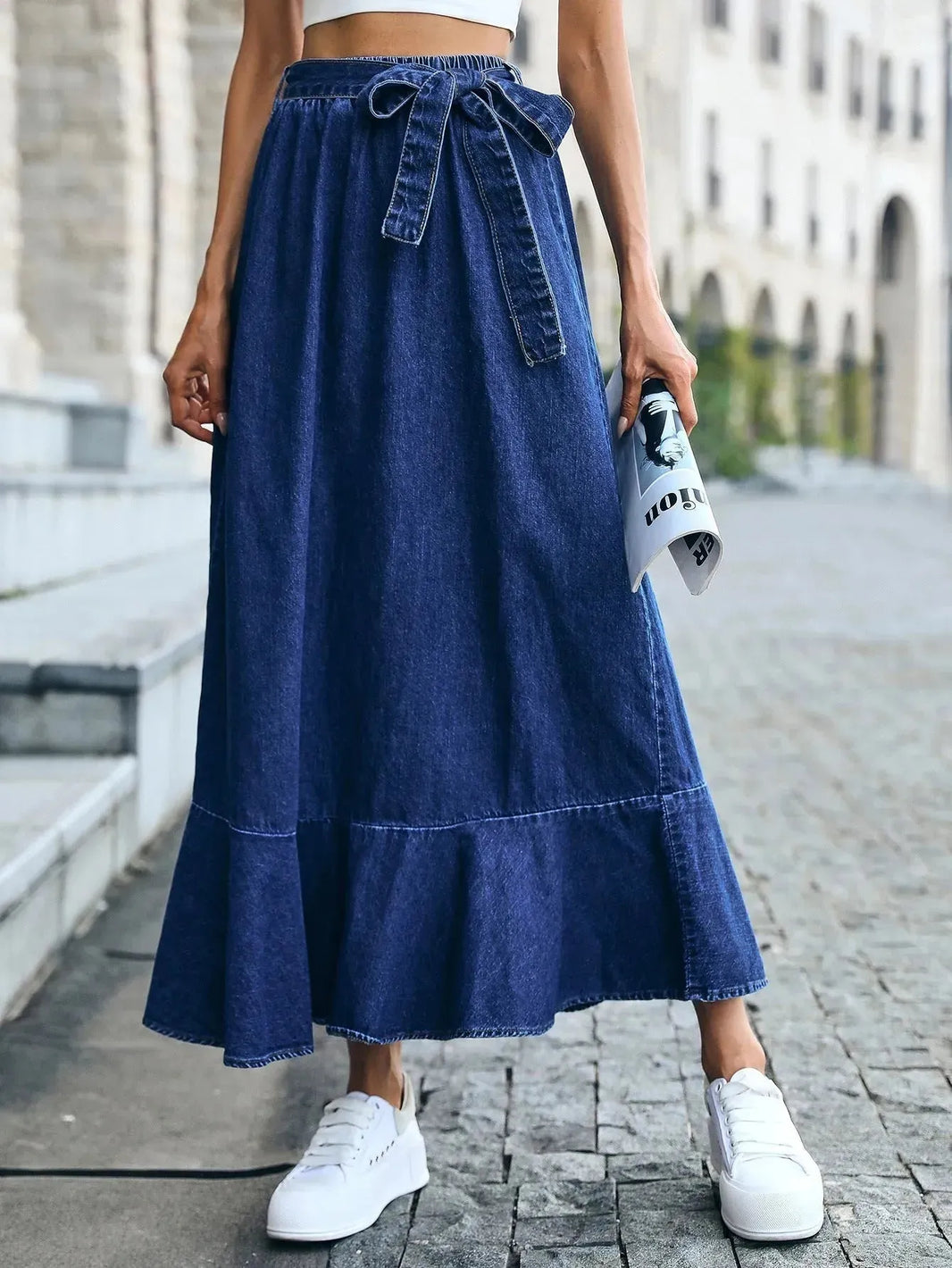 Ladies Fashion Casual Ruffled Blue Denim Maxi Skirt Women - EX-STOCK CANADA