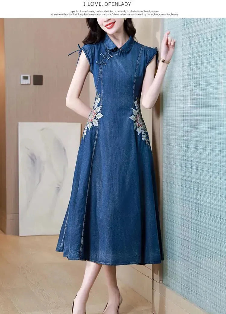 New Modified Version Denim Jeans Flared Midi Dress Female Machine Embroidery Retro - EX-STOCK CANADA